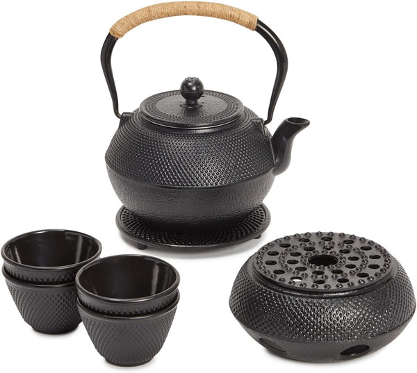Cast Iron Tea Kettle for Stovetop - Japanese Tea Set with Warmer, Trivet, Infuser and 4 Teacups, Hobnail Design (40 oz, Black, 6 Pieces)