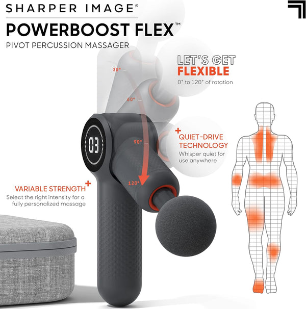 Sharper Image Powerboost Flex Percussion Massager, 120° Pivot Massage Gun, 6 speeds, 4 Attachments, Neck Back & Full Body Massage, Compact Pain Relief, Portable Athlete Muscle Recovery, Gifts for Men