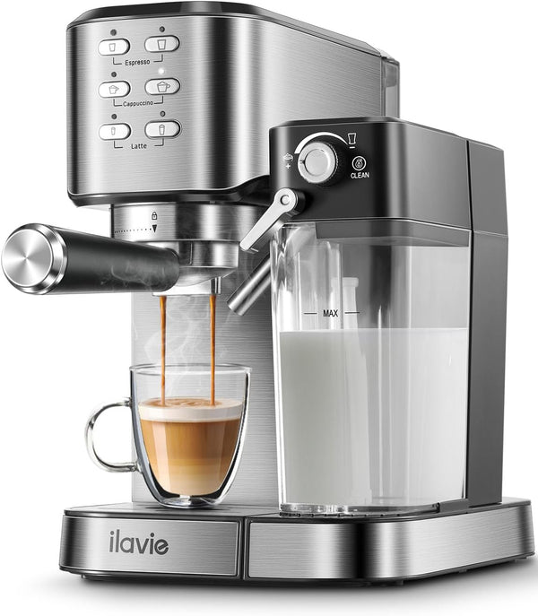 ILAVIE 6-in-1 Espresso Coffee Machine Built-In Automatic Milk Frother, 20 Bar Espresso & Cappuccino & Latte Maker with 34 oz Removeable Water Tank, Ideal for Home Use, Stainless Steel