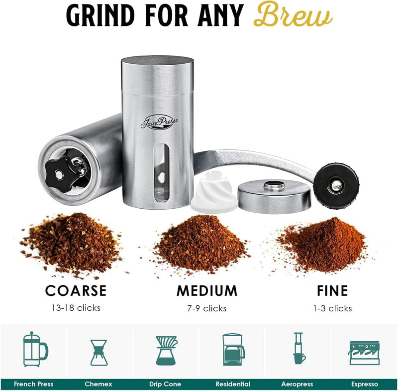 JavaPresse Manual Coffee Grinder - Stainless Steel Hand Coffee Grinder - 18 Adjustable Settings, Portable Conical Burr Coffee Bean Grinder, Camping, Travel Espresso Coffee Hand Grinder with Hand Crank