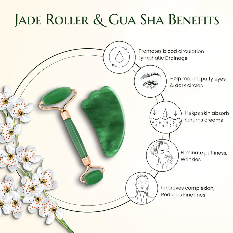 Jade Roller For Face, Neck, Puffy Eyes – Facial Massager Set with Stone Roller, Gua Sha Tool – Relaxing Anti-Aging Wrinkle-Fighting Face Massager Roller – 100% Natural Skin Care Jade Stone Roller Kit