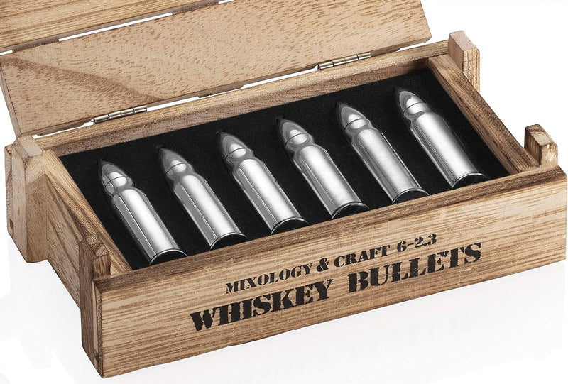 Whiskey Stone Gift Set - Stainless Steel Whiskey Stones in a Wooden Army Crate | Reusable Ice Cube for Whiskey | Whiskey Gift Set for Men, Dad, Husband, Boyfriend (Silver)