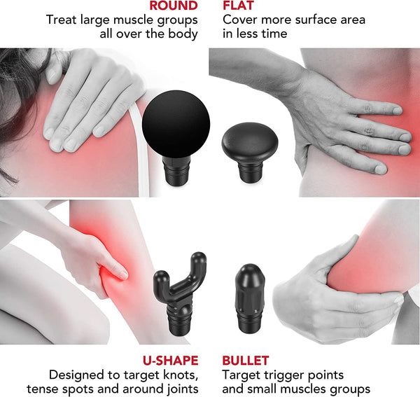 Sunbeam Mini Percussive Massage Gun, Body Neck Back Pain Relief Muscle Massager, Portable Handheld Massage Device with 4 Attachment Heads, 4 Speed Settings, 4 Hour Battery Life