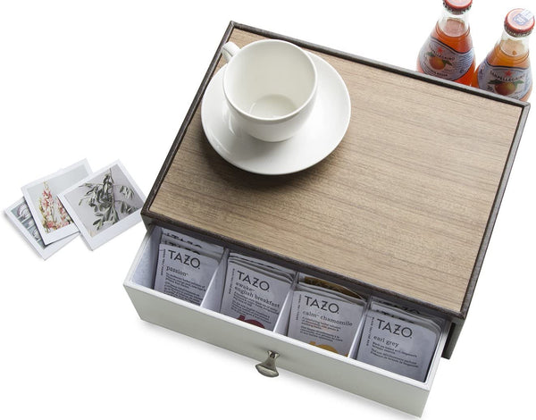 J JACKCUBE DESIGN Tea Bag Organizer for Countertop with Drawer, Tea Storage Organizer with 12 Compartments(Brown/White) - MK353A