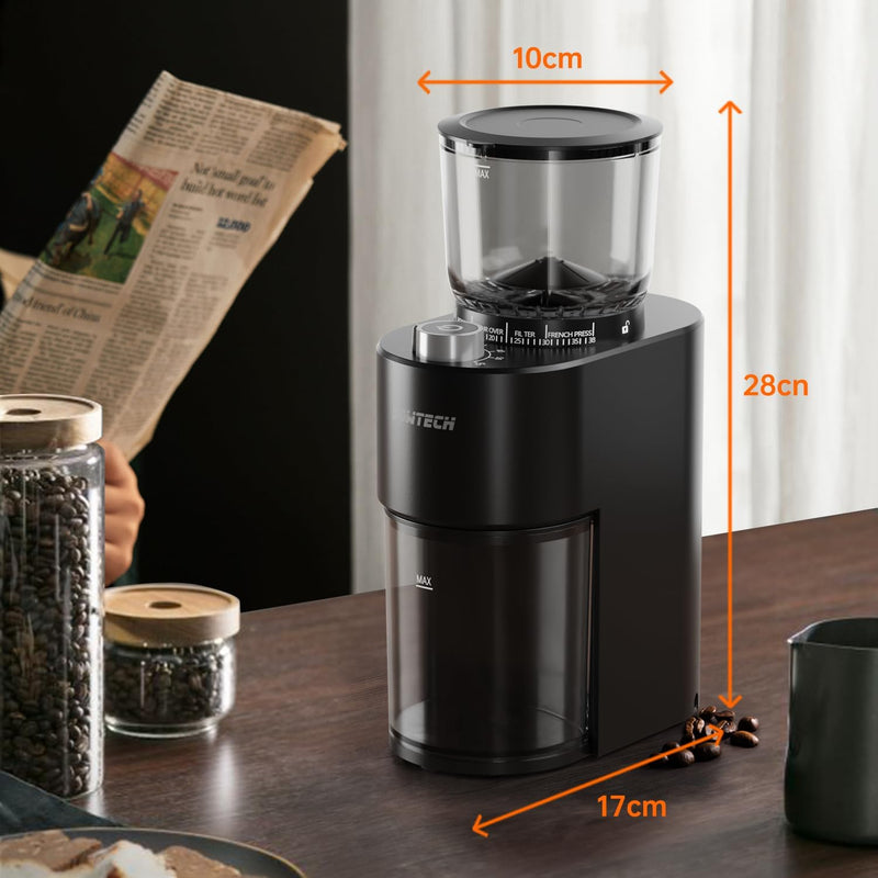 SOWTECH Anti-static Conical Burr Coffee Grinder, Adjustable Burr Mill with 38 Precise Grind Setting, precision timer, for Espresso/Drip/Pour Over/Cold Brew/French Press Coffee Maker(Black)