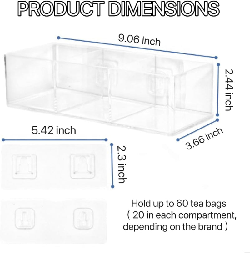 TelKeen Tea Bag Organizer Holds up to 60 Tea Bags, Tea Organizer with 3 Compartments, Adhesive Wall Mount Tea Box Strong Tea bag Holder with Hooks for Storage Cabinet and Kitchen Pantry Doors