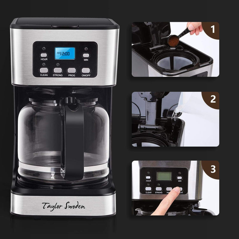 Taylor Swoden Programmable Coffee Maker, 4-12 Cups Drip Coffee Machine with Glass Carafe, Regular & Strong Brew, Pause & Serve for Home and Office