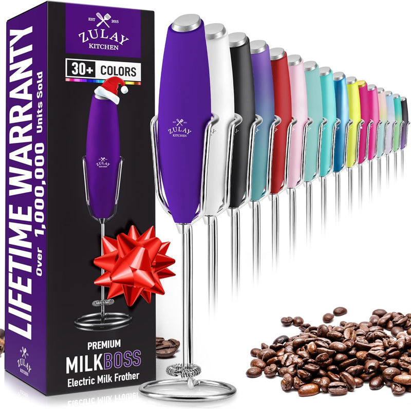 ULTRA HIGH SPEED MILK FROTHER For Coffee With NEW UPGRADED STAND - Powerful, Compact Handheld Mixer with Infinite Uses - Super Instant Electric Foam Maker with Stainless Steel Whisk by Zulay (White)