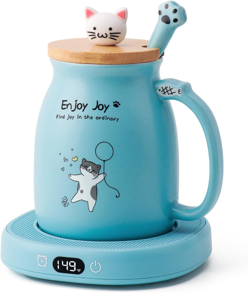 Bsigo Coffee Mug Warmer & Cute Cat Mug Set, Candle Mug Warmer for Home & Office, Electric Smart Coffee Warmer for Desk, Beverage Tea Coffee Cup Warmer with 3-Temp Settings, 8H Auto Shut Off, Blue