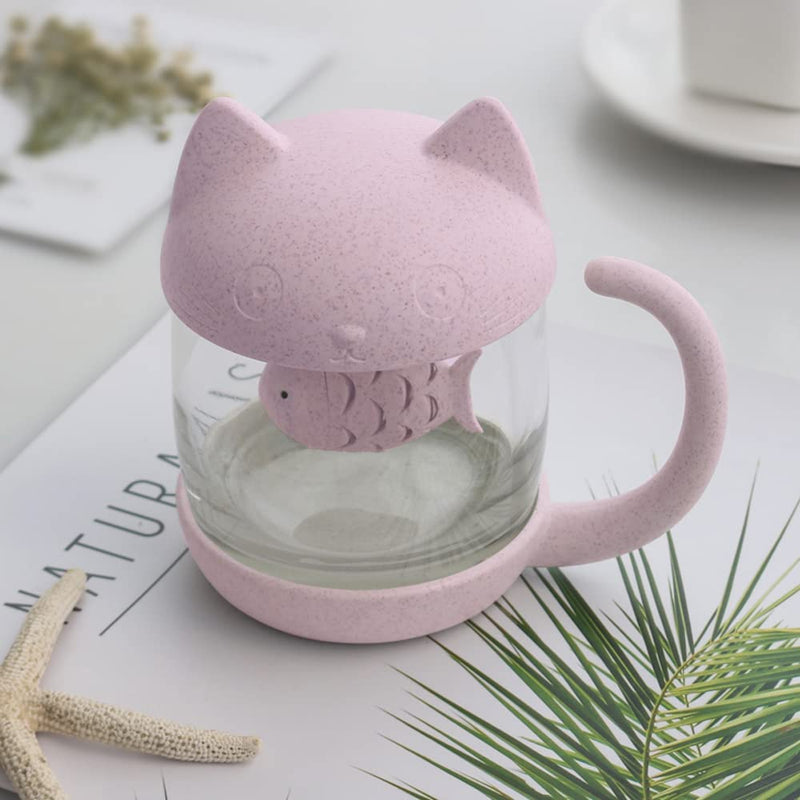 BigNoseDeer Cute Cat Glass Tea Mug Water Bottle-With Fish Tea Infuser Strainer Filter 250ML（8OZ ） tea accessories for tea lovers