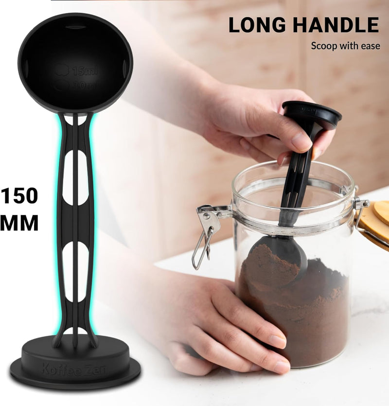 Koffee Zen Espresso Scoop with Tamper, 5 Espresso Tamper Plate Sizes Included (49mm - 58mm), Long Handle Coffee Scoop Measuring Spoon (1 & 2 tablespoon), Complete Coffee Tamper Set for Ground Coffee