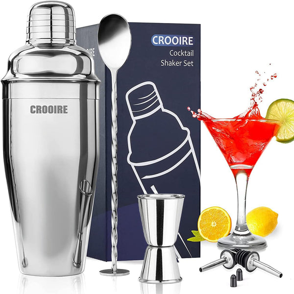 Martini Shaker Cocktail Shaker Set Drink Shaker Kit 24 Ounce Bar Shaker with Built in Strainer, Measuring Jigger, Mixing Spoon, 2 Liquor pourers, Stainless Steel Bar Tools