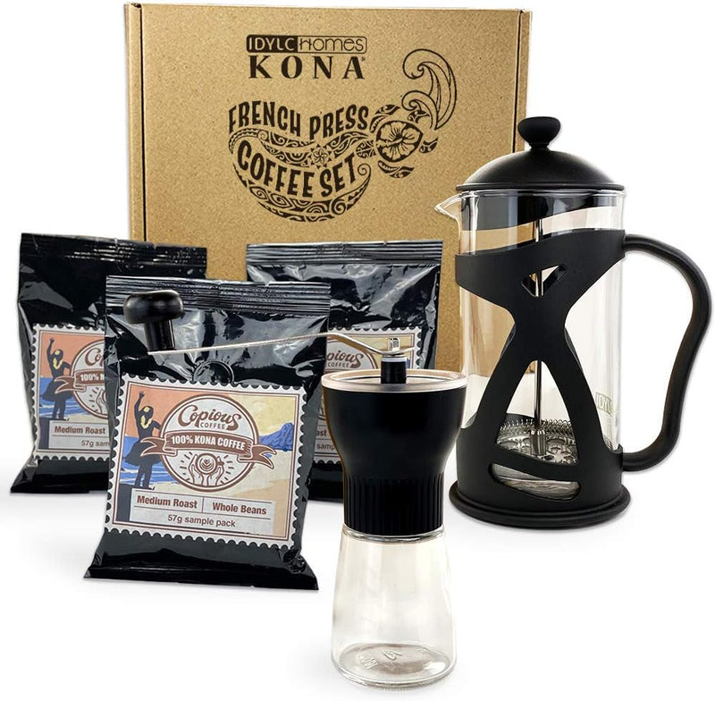 KONA French Press Coffee Press Maker With Reusable Stainless Steel Filter, Large Comfortable Handle & Glass Protecting Durable Black Shell