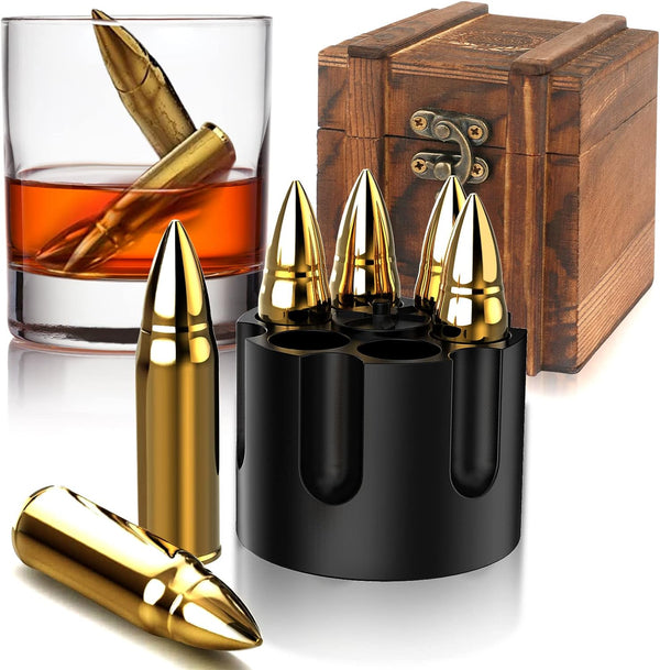 Chouggo Bullet Whiskey Stones with Vintage Wooden Case, Stainless Steel Ice Cubes, Whiskey Gift Set for Men, Dad, Husband, Boyfriend