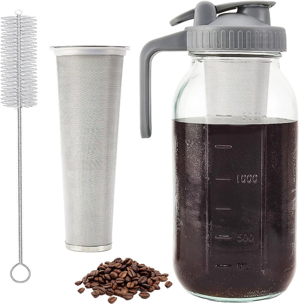 Cold Brew Coffee Maker Pitcher, 64 Oz Thick Glass Cold Brew Coffee Maker Mason Pitcher Spout Lid with Stainless Steel Filter for Iced Brew Coffee,Ice Tea,Lemonade,Sun Tea,Fruit Drinks