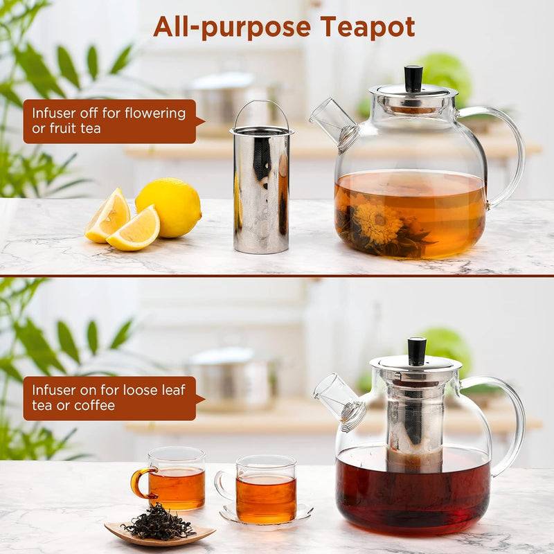 1500ml(52oz) Glass Teapot with Removable Infuser, Ehugos Stovetop Safe Large Tea Pot, Blooming and Loose Leaf Hand Crafted Kettle for Women and Adult with Stainless Infuser