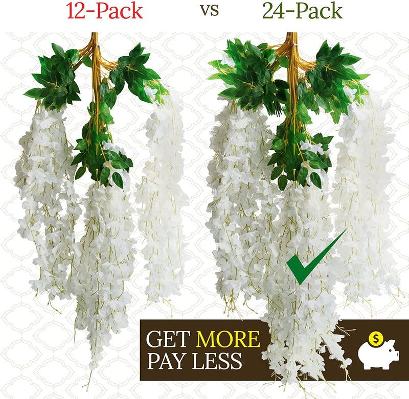 Wisteria Hanging Flowers - 24-Pack XXL Fake Wisteria Vines - 43 Silk - White Ratta Flower Garland for Weddings and Parties