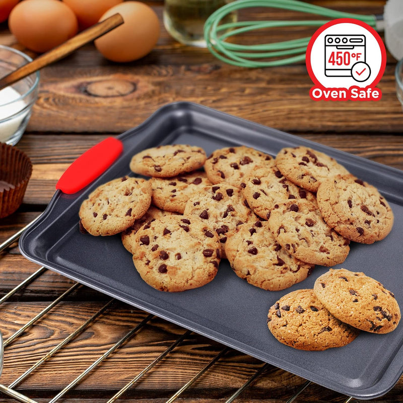 Baking Pan Set – 3 Piece Cookie Sheet – Deluxe Black Non-Stick Carbon Steel – Silicone Handles – Commercial Grade Restaurant Quality – PFOA PFOS and PTFE Free by Bakken