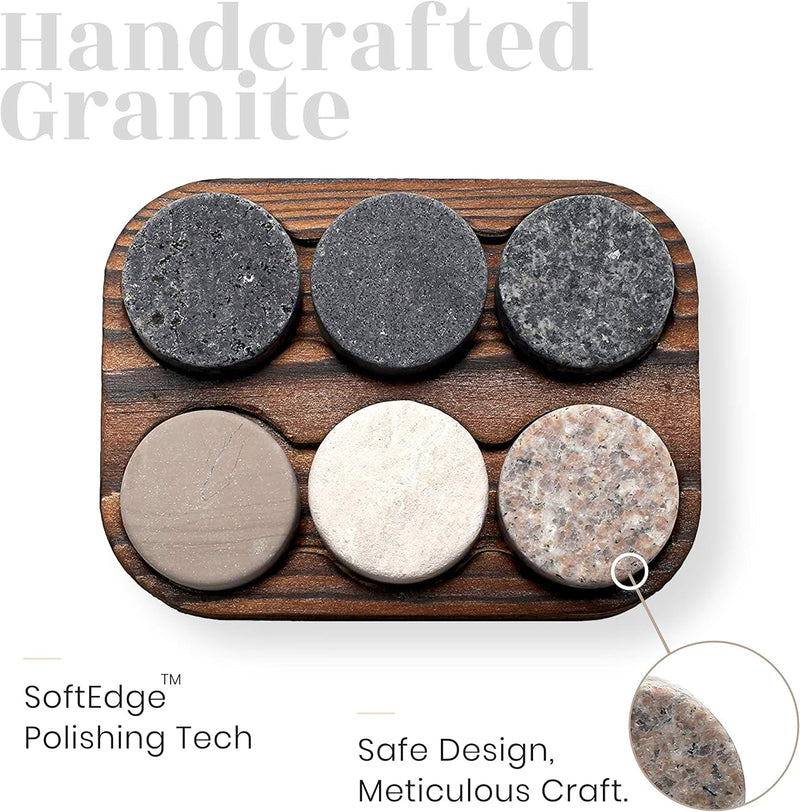 Whiskey Chilling Stones - Set of 6 Handcrafted Premium Granite Round Sipping Rocks - Hardwood Presentation & Storage Tray by R.O.C.K.S.