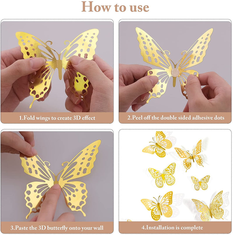 3D Butterfly Wall Decor - 48 Pcs Gold 4 Styles in 3 Sizes - Birthday Party Cake Decorations Removable Stickers for Kids Nursery Classroom Wedding