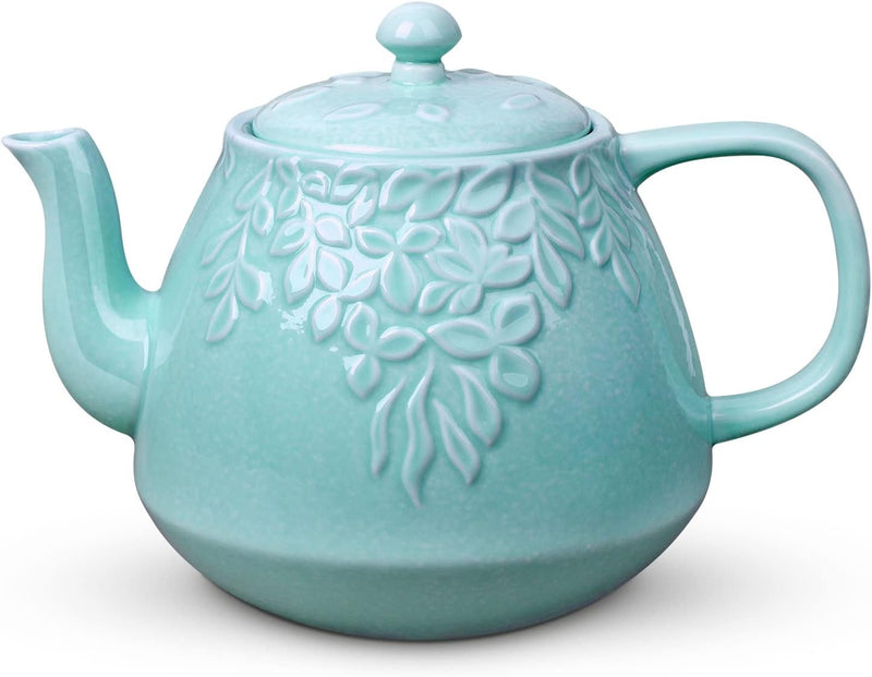 Toptier Leaf Teapot, Porcelain Tea Pot with Infuser and Lid, Blooming & Loose Leaf Ceramic Teapot, 37 Ounce, Light Green