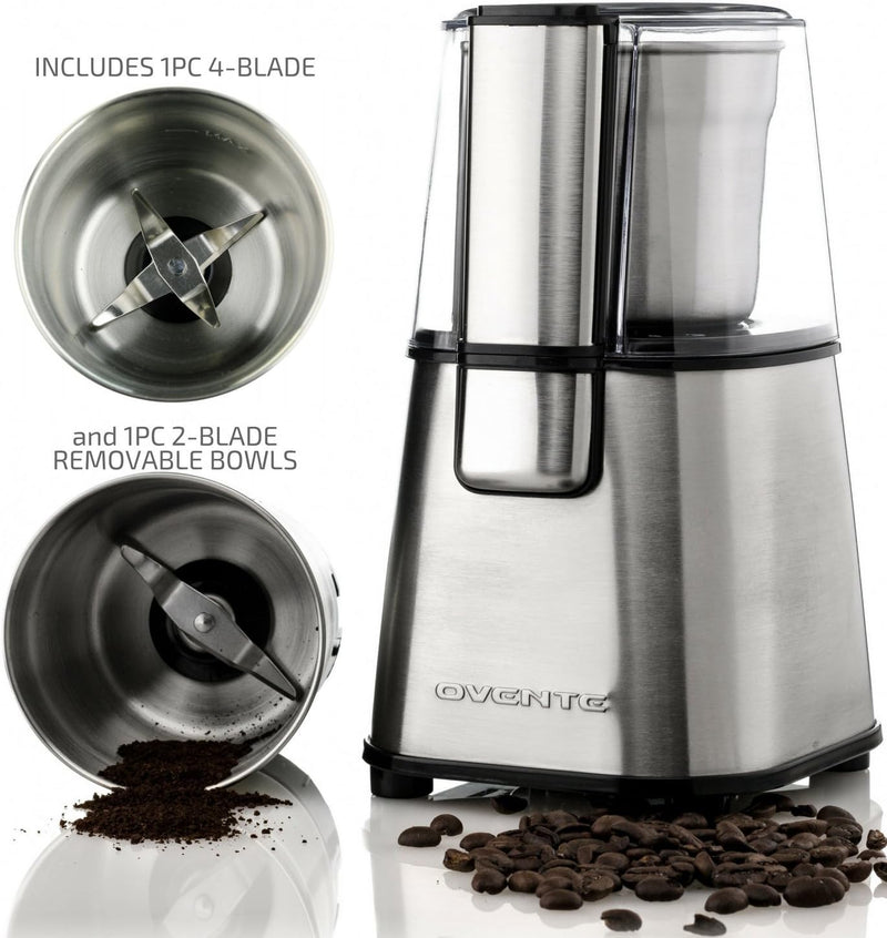 OVENTE Electric Coffee Grinder 2.1 Ounce Cup with 2 Removable Stainless Steel Grinding Bowls, 200 Watt Powered Motor Perfect for Beans, Spices, Nuts, Silver CG620S + ACPCG6000