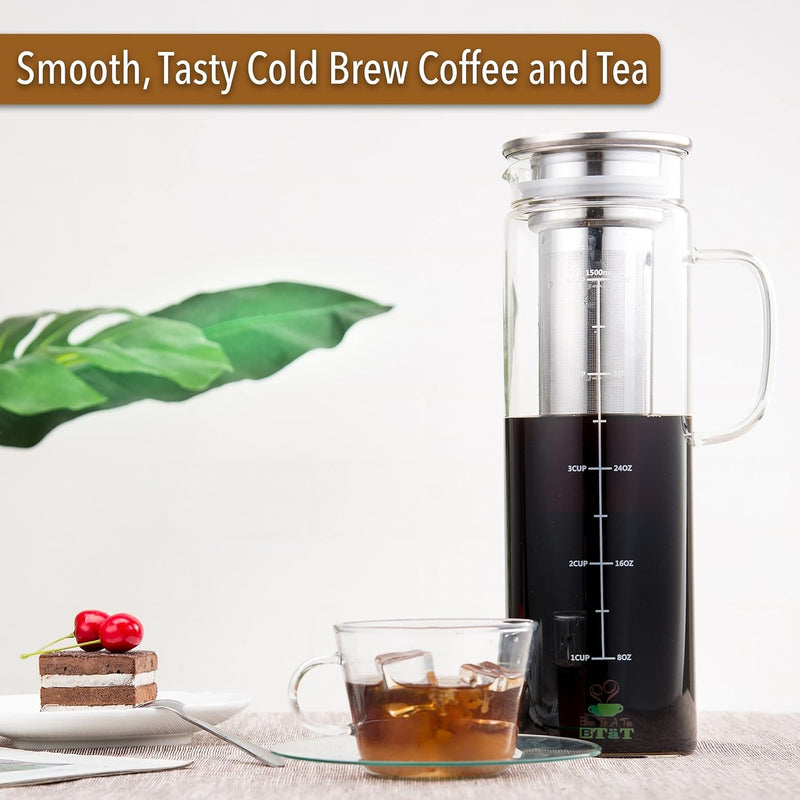 BTaT- Cold Brew Coffee Maker, 1.5 Quart,48 oz Iced Coffee Maker, Iced Tea Maker, Airtight Cold Brew Pitcher, Coffee Accessories, Cold Brew System, Cold Tea Brewing, Coffee Gift, Tea Maker with Infuser