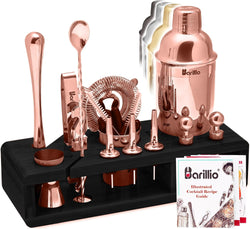 23-Piece Bartender Kit Cocktail Shaker Set by BARILLIO: Stainless Steel Bar Tools with Sleek Bamboo Stand, Velvet Carry Bag & Recipes Booklet… (Silver, Bamboo)