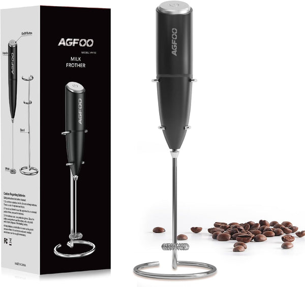Milk Frother Handheld for Coffee with Stand - AGFOO hand frother wand, Electric whisk Drink Mixer Mini Foamer for Cappuccino, Frappe, Matcha, Hot Chocolate, Silver/Black