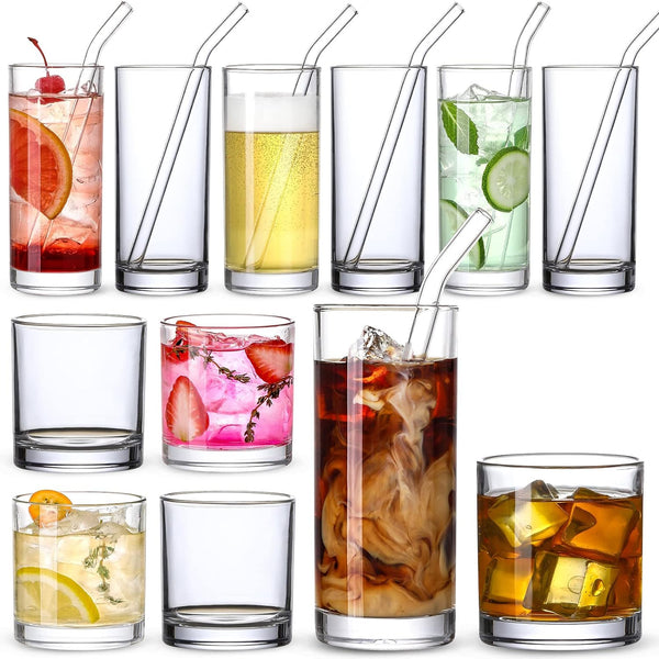 [ 12 Pack ] Glass Cups with Glass Straws, 12oz Highball & Rock Drinking Glasses, Everyday Drinkware Glasses Set, Cute Tumbler Cup, Kitchen Glasses for Iced Coffee, Water, Beer, Cocktail, Whiskey, Gift