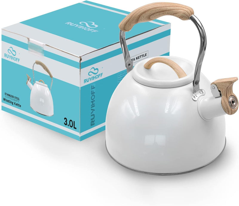 Awvlvwa Whistling Stovetop Tea Kettle, 2.6 Quart/3.0 Liter Stainless Steel, Food Grade Tea Pot for Stove Top, Tea Pot with Anti-Heat Handle, Anti-Rust, Suitable for All Heat Sources (Pure White)