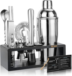 Mixology Bartender Kit with Stand - 15 Piece Bar Tool Set, Silver Bar Set Cocktail Shaker Set for Drink Mixing - Includes Martini Shaker, Jigger, Strainer, Bar Mixer Spoon, Tongs, Opener | Gift Idea