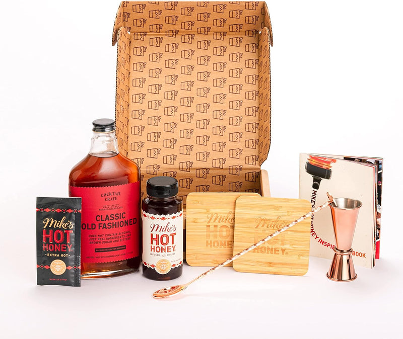 Mike's Hot Honey Cocktail Gift Set - Old Fashioned Cocktail Kit with Rose Gold Cocktail Jigger and Bar Spoon, Classic Old Fashioned Cocktail Mix, Hot Honey 10oz, 2 Coasters & Recipe Book
