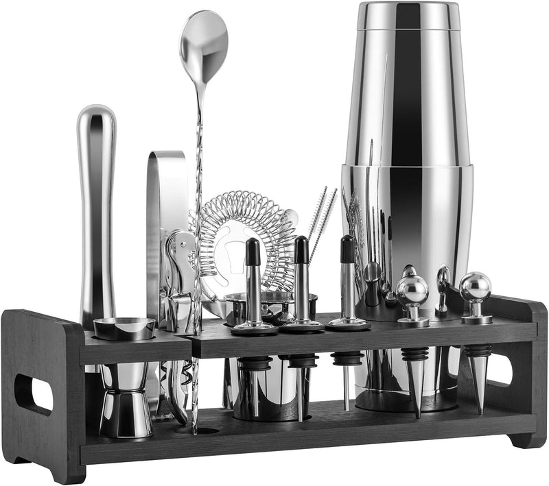 Soing 24-Piece Cocktail Shaker Set,Perfect Home Bartender Kit for Drink Mixing,Stainless Steel Bar Tools With Stand,Velvet Carry Bag & Recipes Cards Included (Black)