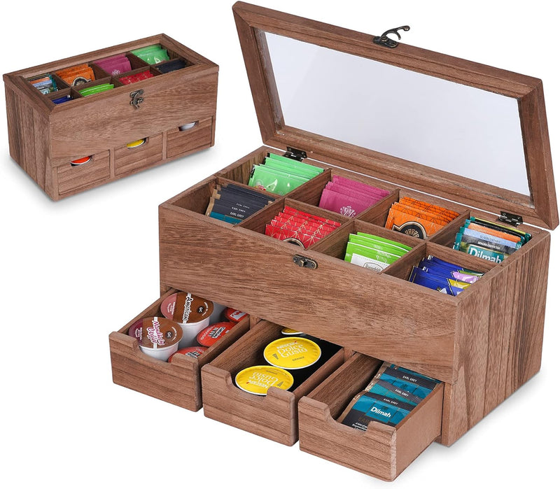 WPKLTMZ Wooden Tea Box, Tea Bag Organizer Tea Storage with 8 Compartments, Rustic Tea Bag Holder with 3 Drawers for Tea Bags, Packets, Coffee, Sugar, Sweeteners, Creamers