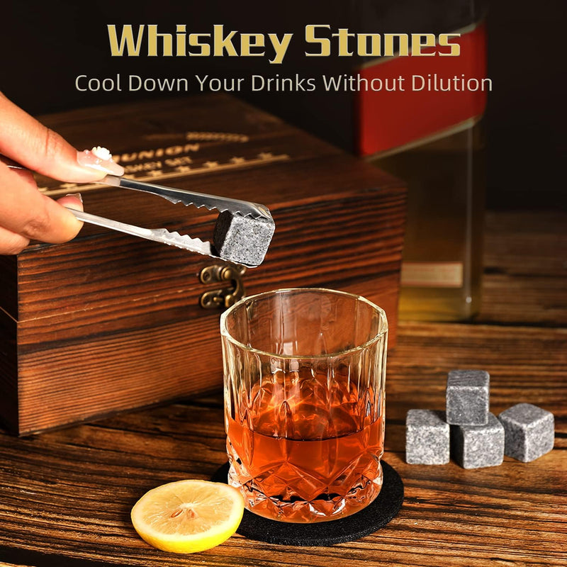 Whiskey Stones Gift Set for Men Dad Father’s Day Whiskey Glasses Set 2 Bourbon Glasses 8 Granite Chilling Rocks with Tongs Perfect for House Warming Anniversary Birthday for Men