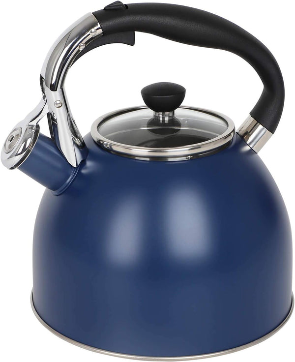 Rorence Stainless Steel Whistling kettle: 2.6 Quart with Capsule Bottom & Heat-resistant Glass Lid – Navy Blue