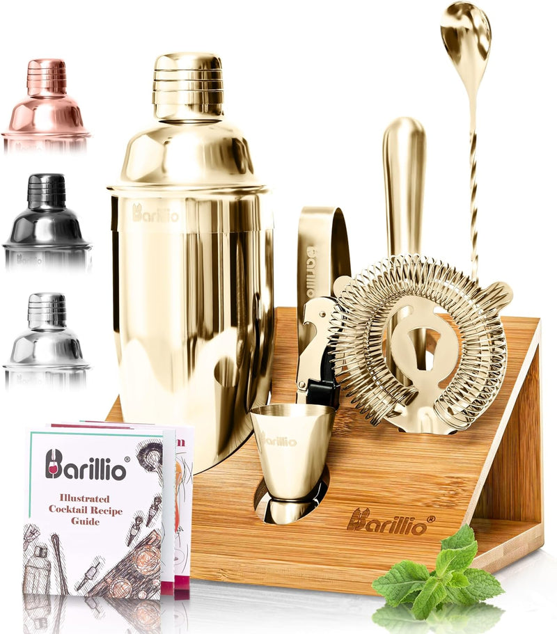 Mixology Bartender Kit Cocktail Shaker Set by Barillio: Drink Mixer Set with Bar Tools, Bamboo Stand Cocktail Mixer Liquor Pourers Mojito Muddler Mixing Spoon Jigger Recipes Booklet