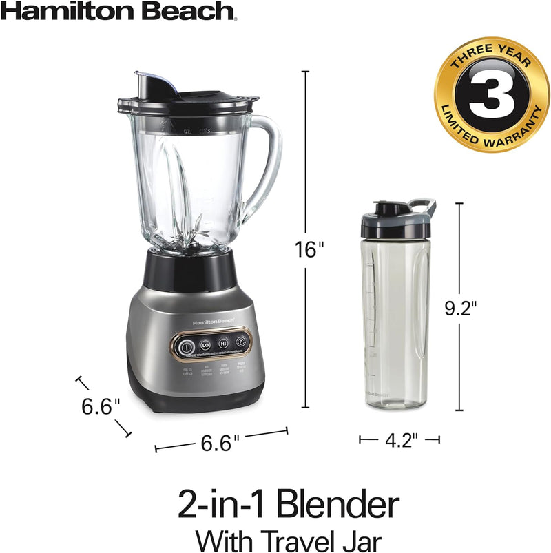 Hamilton Beach Wave Crusher Blender for Shakes and Smoothies, Puree, Crush Ice, With 40oz Glass Jar and 20oz Blend-In Portable Travel Jar, 6 Functions, Gray (58181)