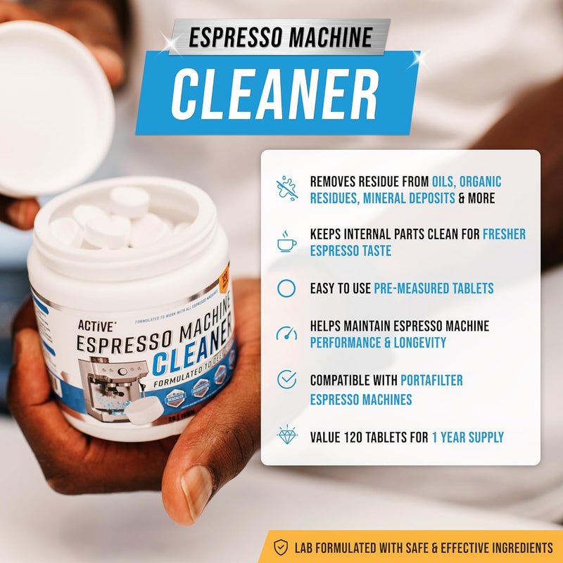 Espresso Machine Cleaning Tablets Descaling - 120 Tabs | Compatible with Breville Barista Express, Gaggia, Delonghi, Jura, Philips | Expresso Maker Backflush Oil Remover Solution Cleaner Clean Tablet