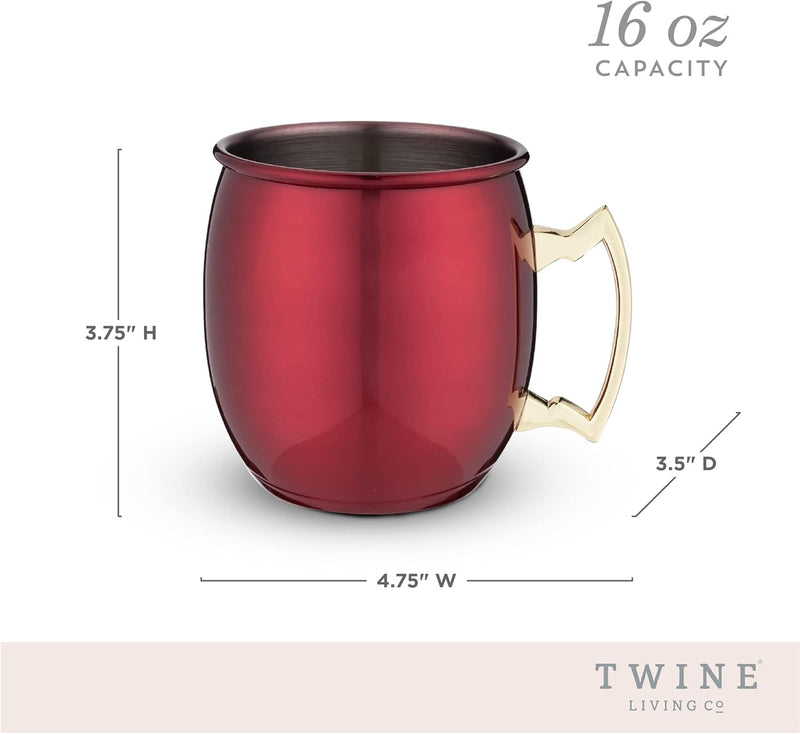 Twine Moscow Mule mugs, Stainless Steel Moscow Mule Cup, Cocktail drinkware, Copper Bar Cart Accessories, 16oz, Red