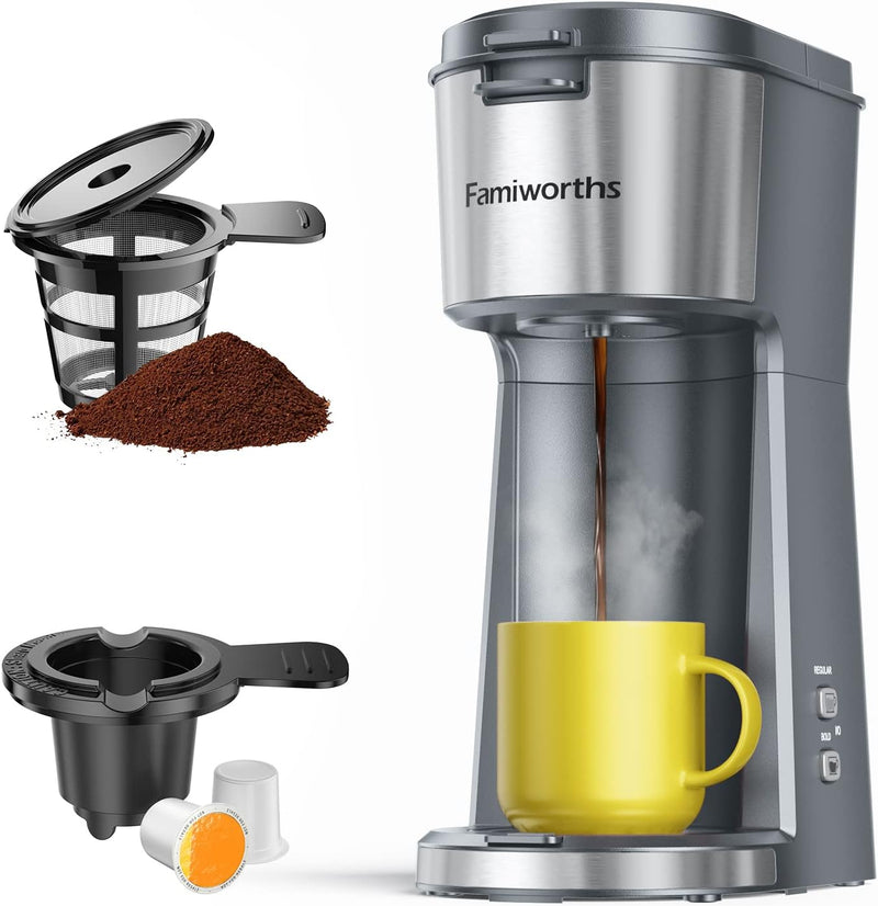 Famiworths Single Serve Coffee Maker for K Cup & Ground Coffee, With Bold Brew, One Cup Coffee Maker, 6 to 14 oz. Brew Sizes, Fits Travel Mug, Classic Black