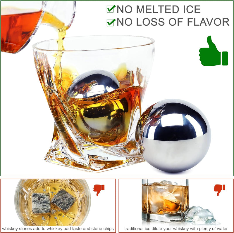 Gifts for Men Dad Husband Christmas- 4 XL Stainless Steel Whisky Ice Balls, Special Tongs & Freezer Pouch in Luxury Gift Box for Whiskey Lovers!