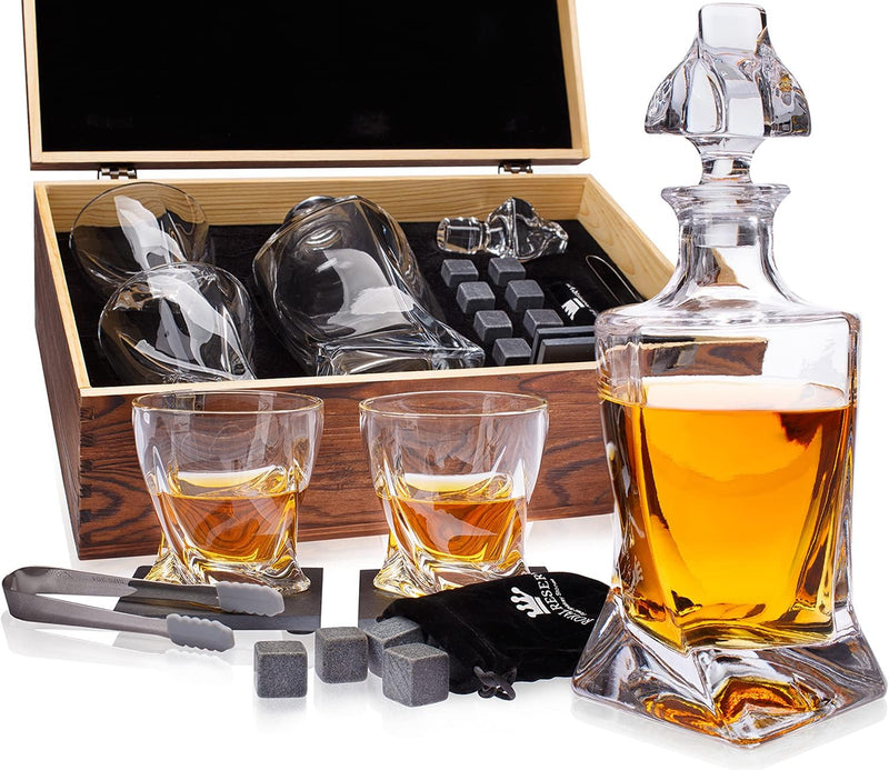 Whiskey Stones Gift Set by Royal Reserve – Artisan Crafted Scotch Bourbon Glasses, Chilling Rocks, Coasters and Tongs – Gift for Guy Men Dad Boyfriend Anniversary or Retirement