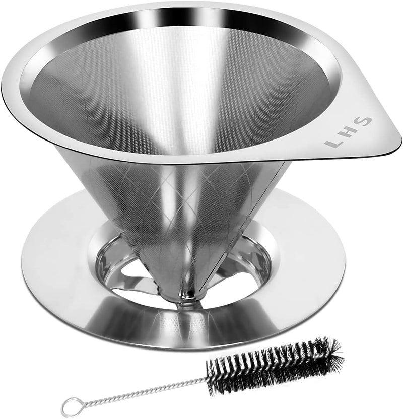 LHS Pour Over Coffee Dripper Stainless Steel Coffee Filter Metal Cone Filter Paperless Reusable Coffee Filter Single Cup Coffee Maker 1-2 Cup With Non-slip Cup Stand and Cleaning Brush