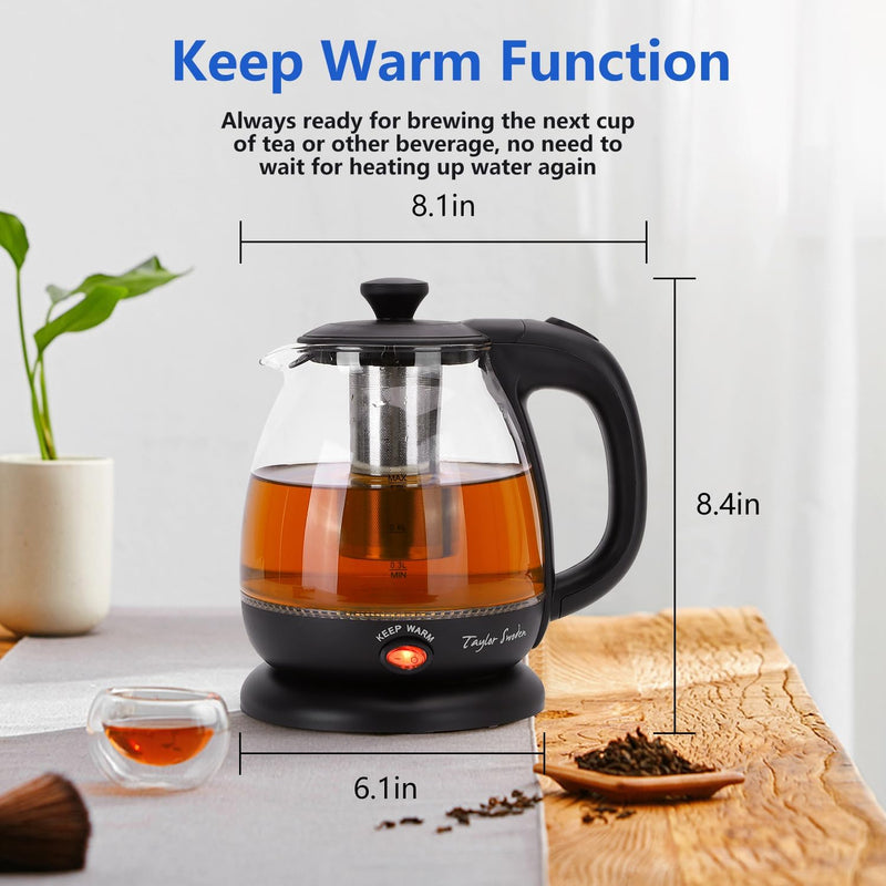 Taylor Swoden Electric Kettle with Tea Infuser, Small Electric Tea Kettle with Keep Warm Function for Home and Office, Black