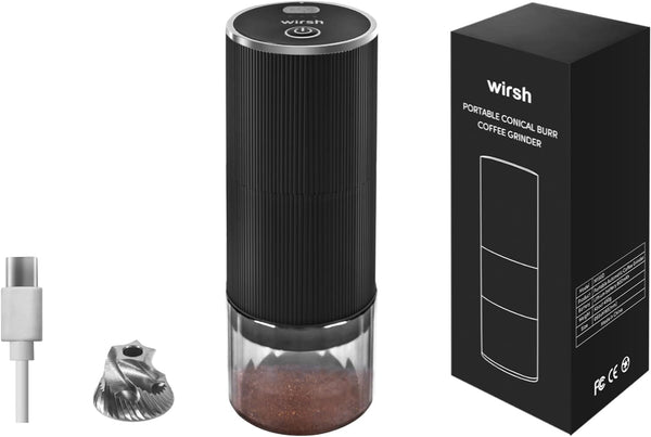Wirsh Burr Coffee Grinder-Rechargeable Battery Operated Coffee Grinder with Stainless Steel Conical Burr Mill, Eletric Portable Coffee Grinder with 80 Grind Settings from Fine to Coarse