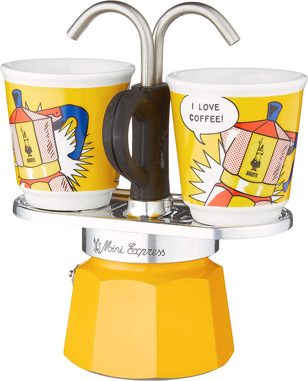 Bialetti - Mini Express Lichtenstein: Moka Set includes Coffee Maker 2-Cup (2.8 Oz) + 2 shot glasses, Yellow, Aluminium