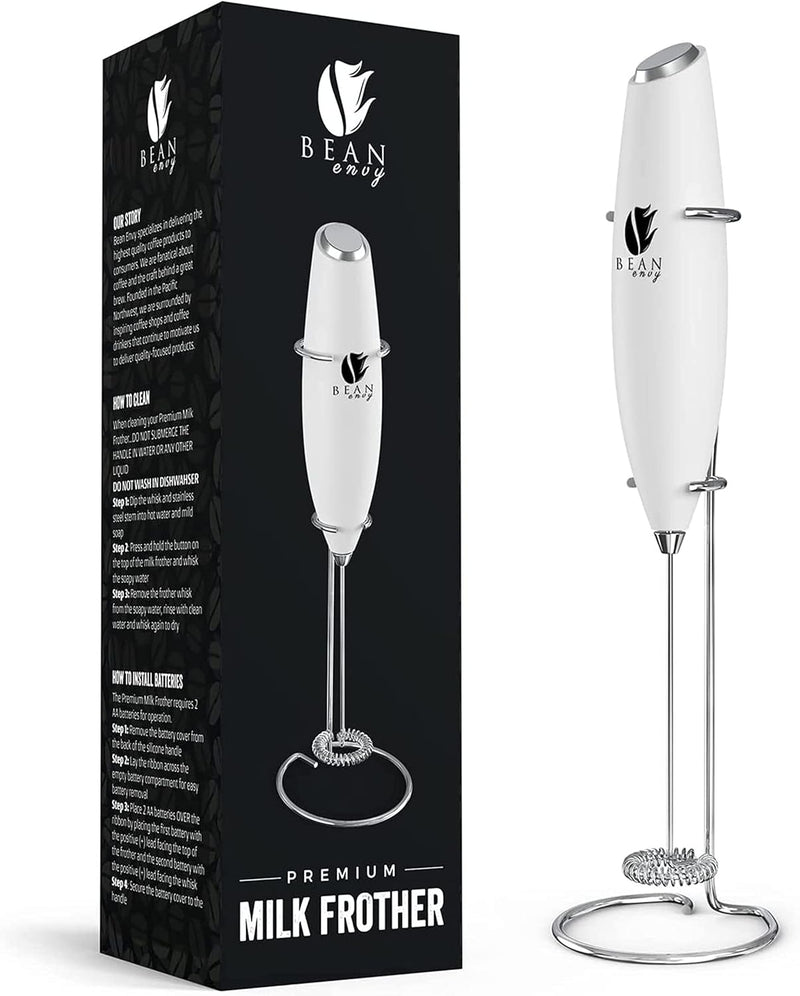 Bean Envy Handheld Milk Frother for Coffee - Electric Hand Blender, Mini Drink Mixer Whisk & Coffee Foamer Wand w/Stand for Lattes, Matcha and Hot Chocolate - Kitchen Gifts - Black