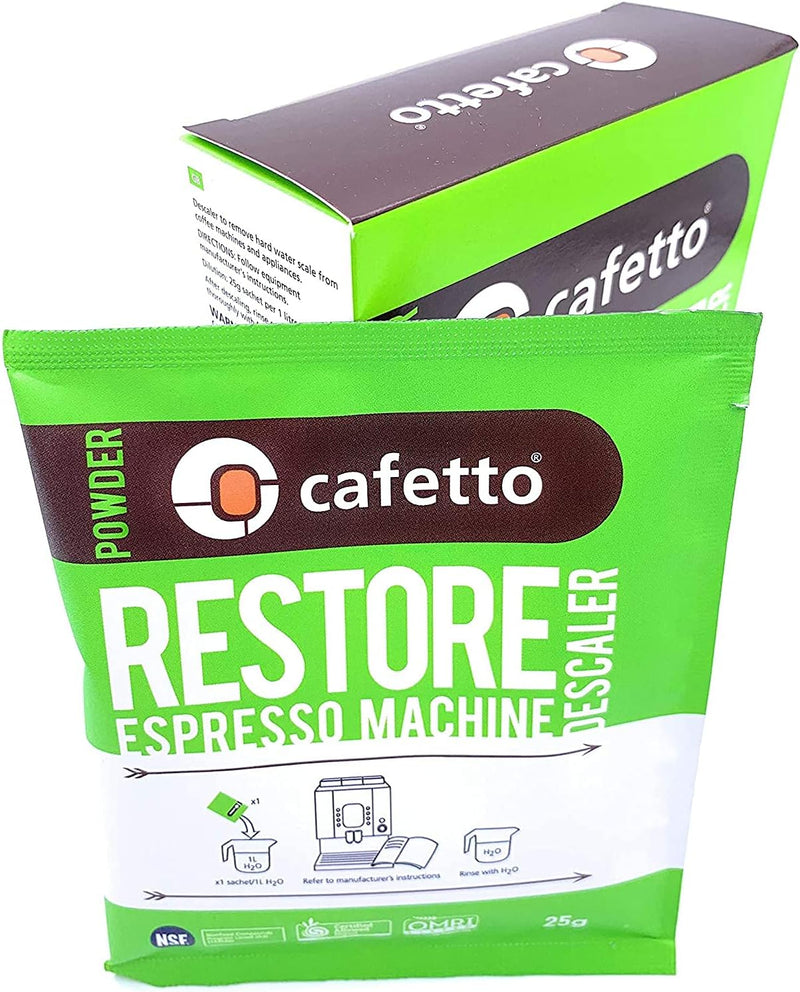 Cafetto Restore Espresso Machine Descaler, Coffee Machine Cleaning Powder for Use In Organic Systems (4 Single Use Packets)